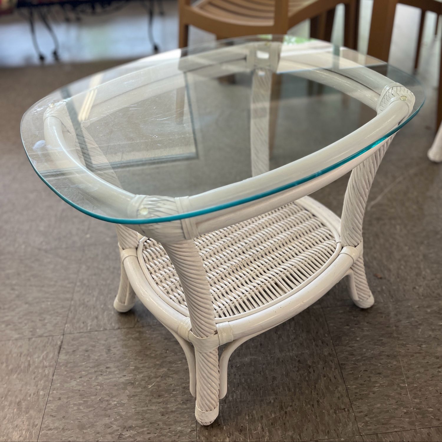 Vintage Rattan &amp; Wicker Glass Topped End Table