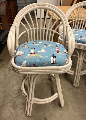White Rattan Swivel Counter Stools + Coastal Cushions