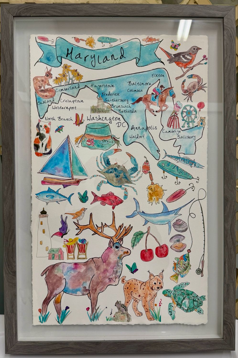 Framed Watercolor Style Map Of MD by Avery’s Home Framed Watercolor Style Map Of MD by Avery’s Home