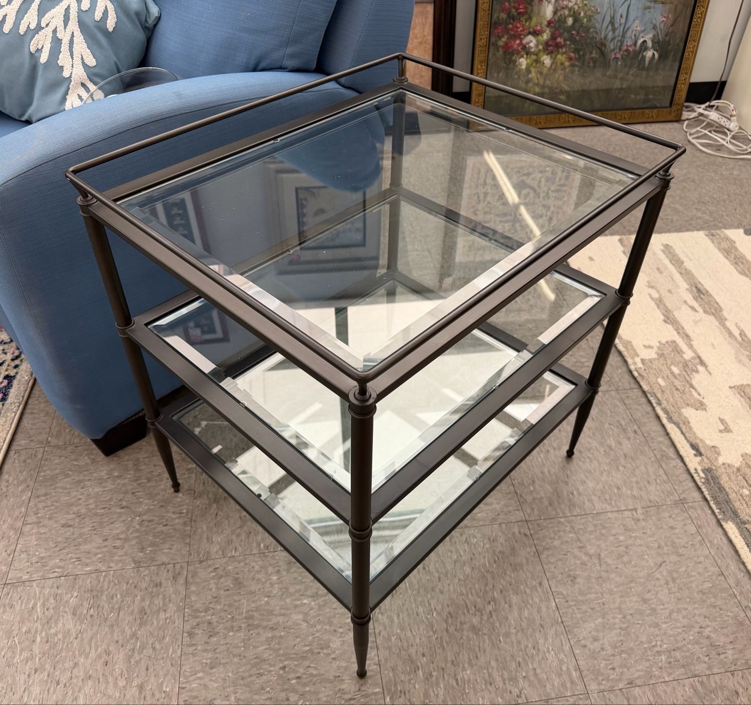 Beveled Glass +  Black Metal Tiered End Table