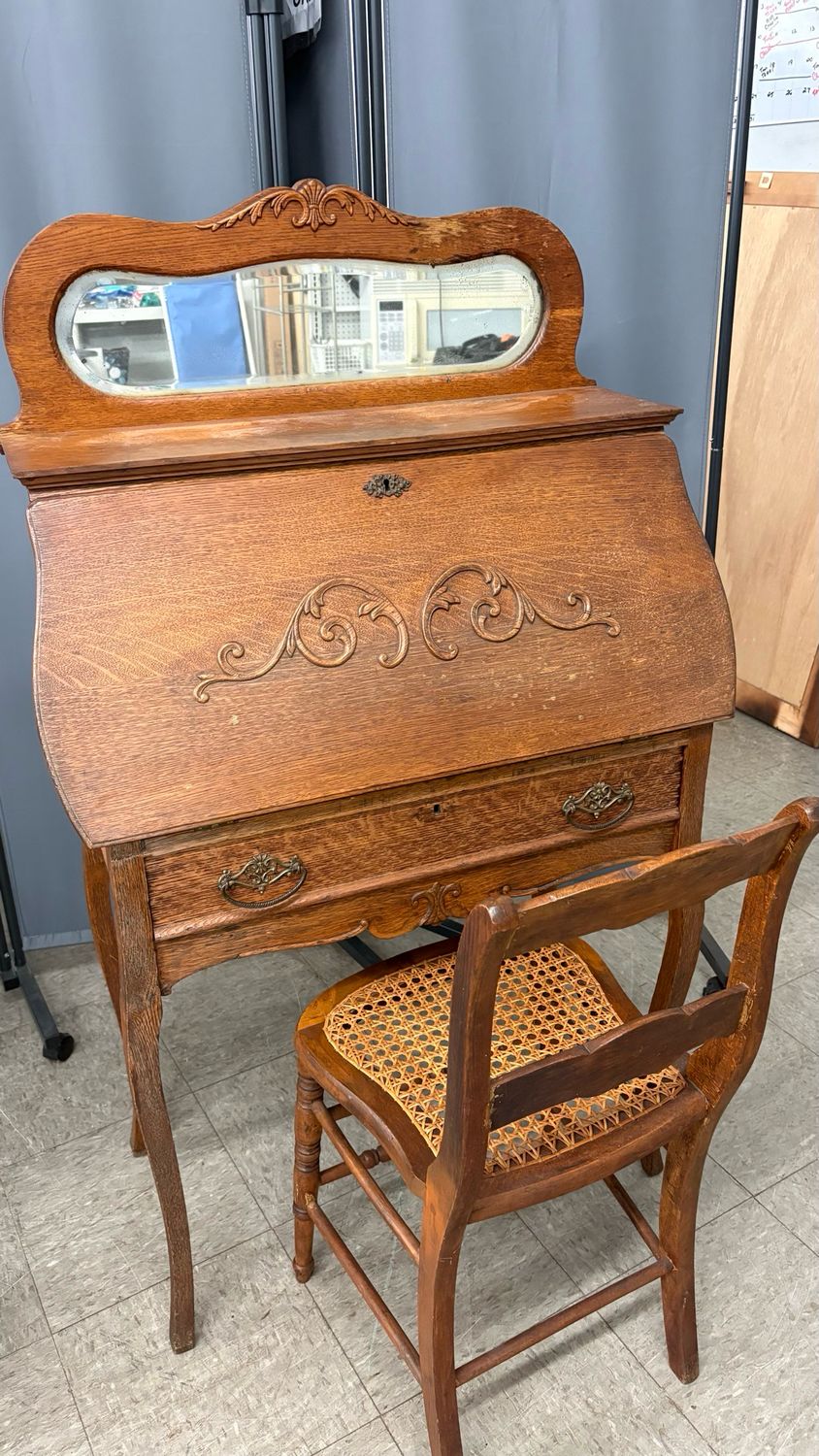 Antique Oak Slant Front Secretary Desk + Chair Antique Oak Slant Front Secretary Desk + Chair