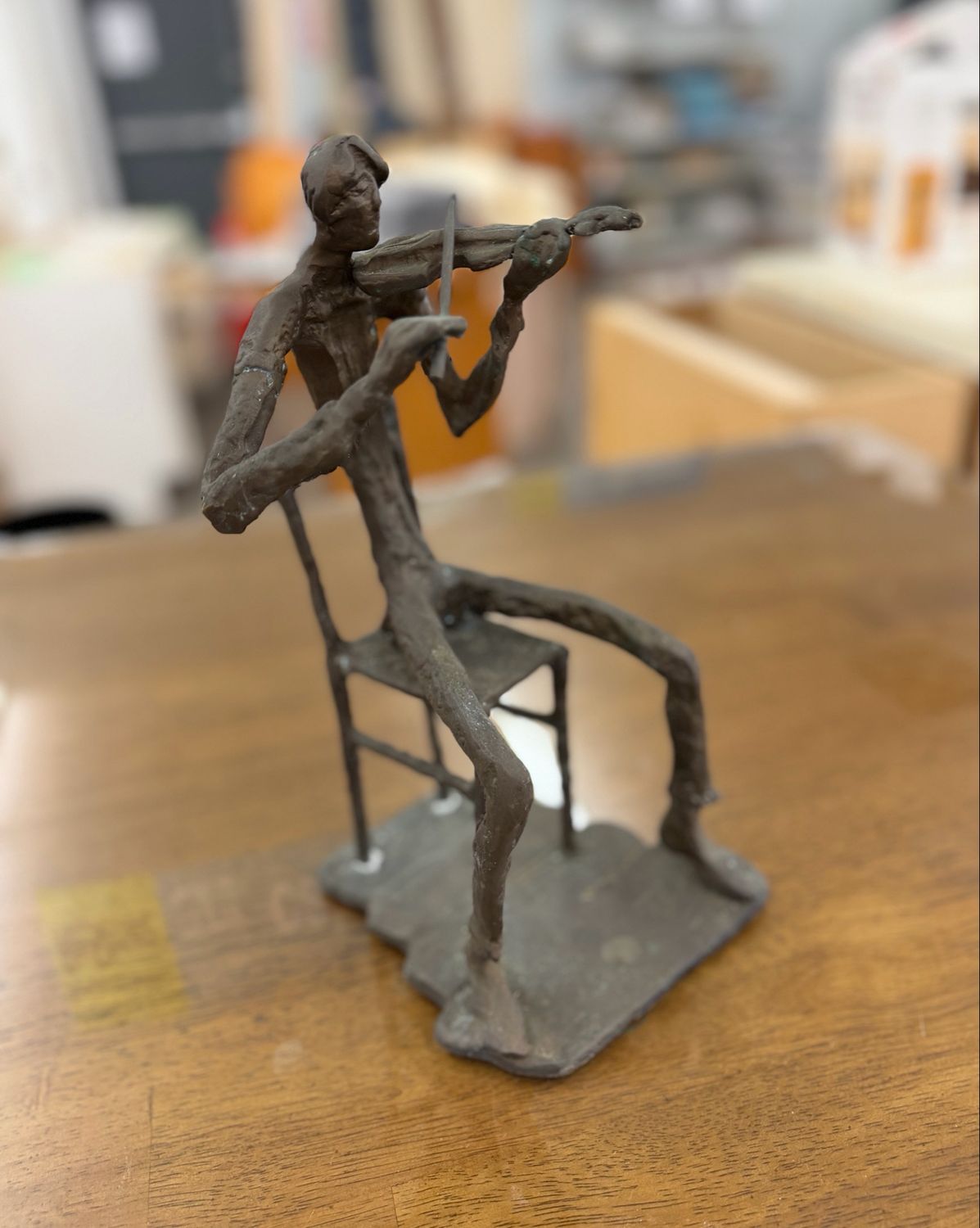 Brutalist Style Cast Iron Fiddle Player Sculpture