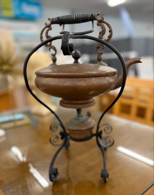 Vintage Copper Tea Kettle + Stand + Burner