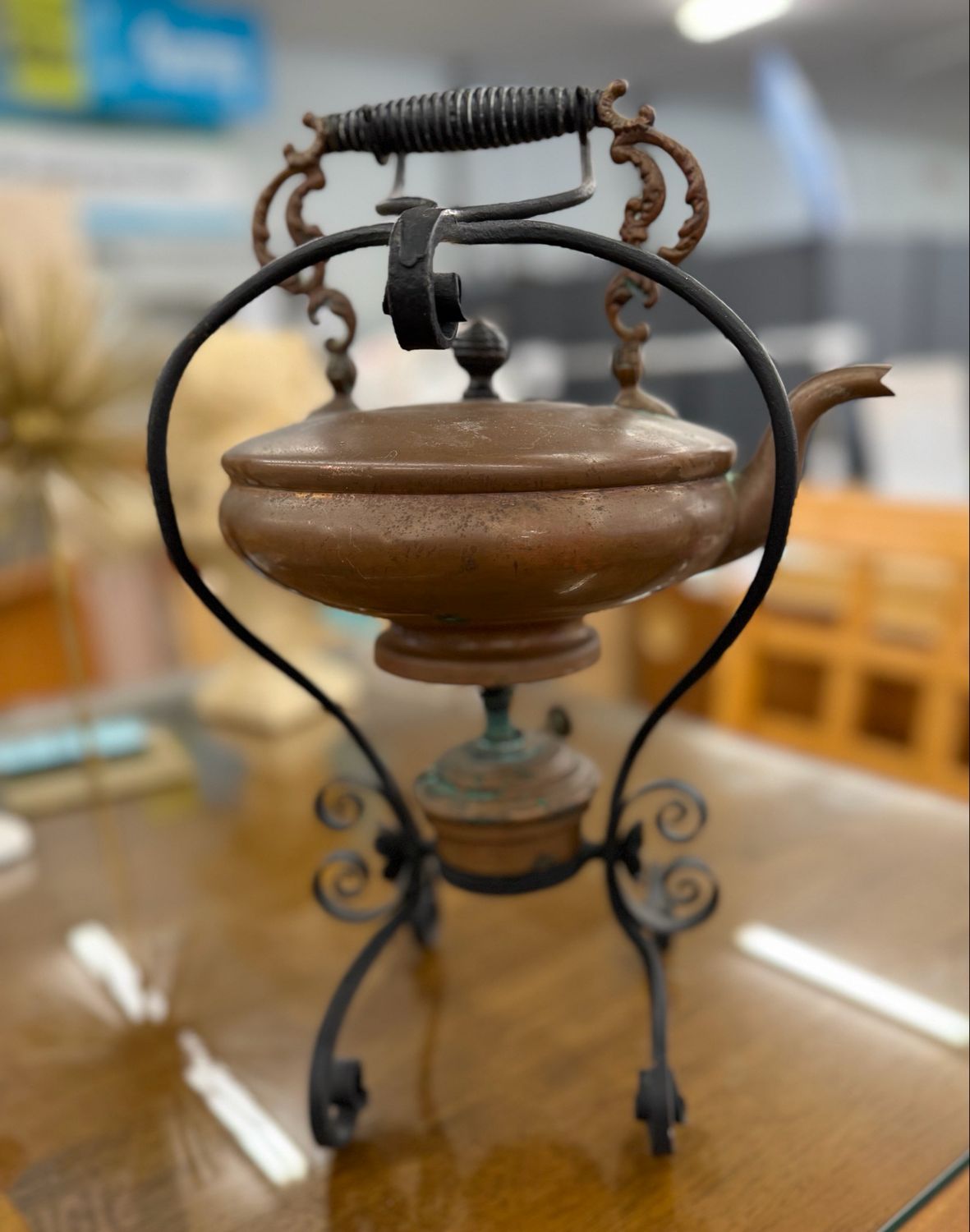 Vintage Copper Tea Kettle + Stand + Burner