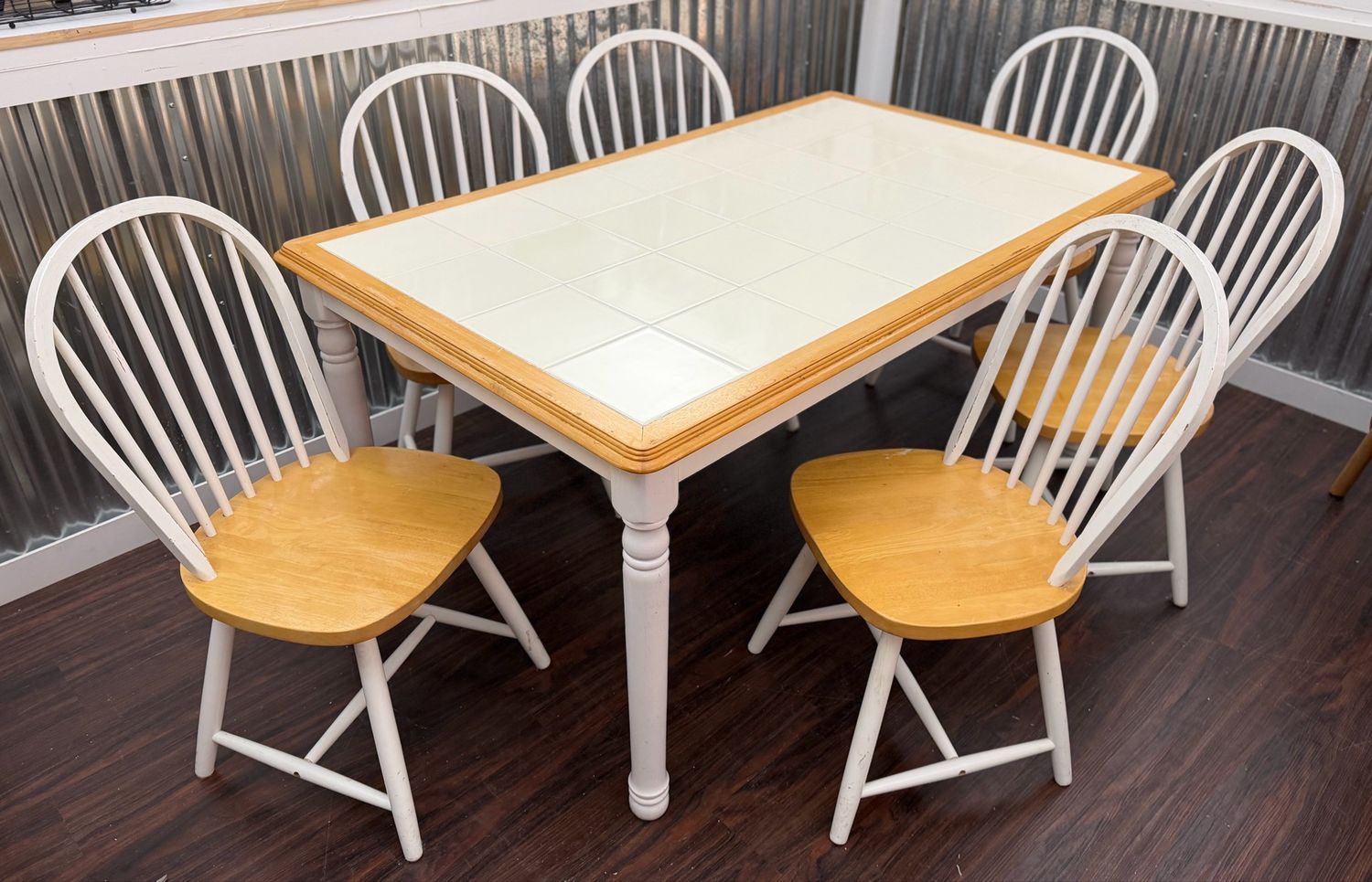 7 PC White Tiled Farmhouse Dining Set