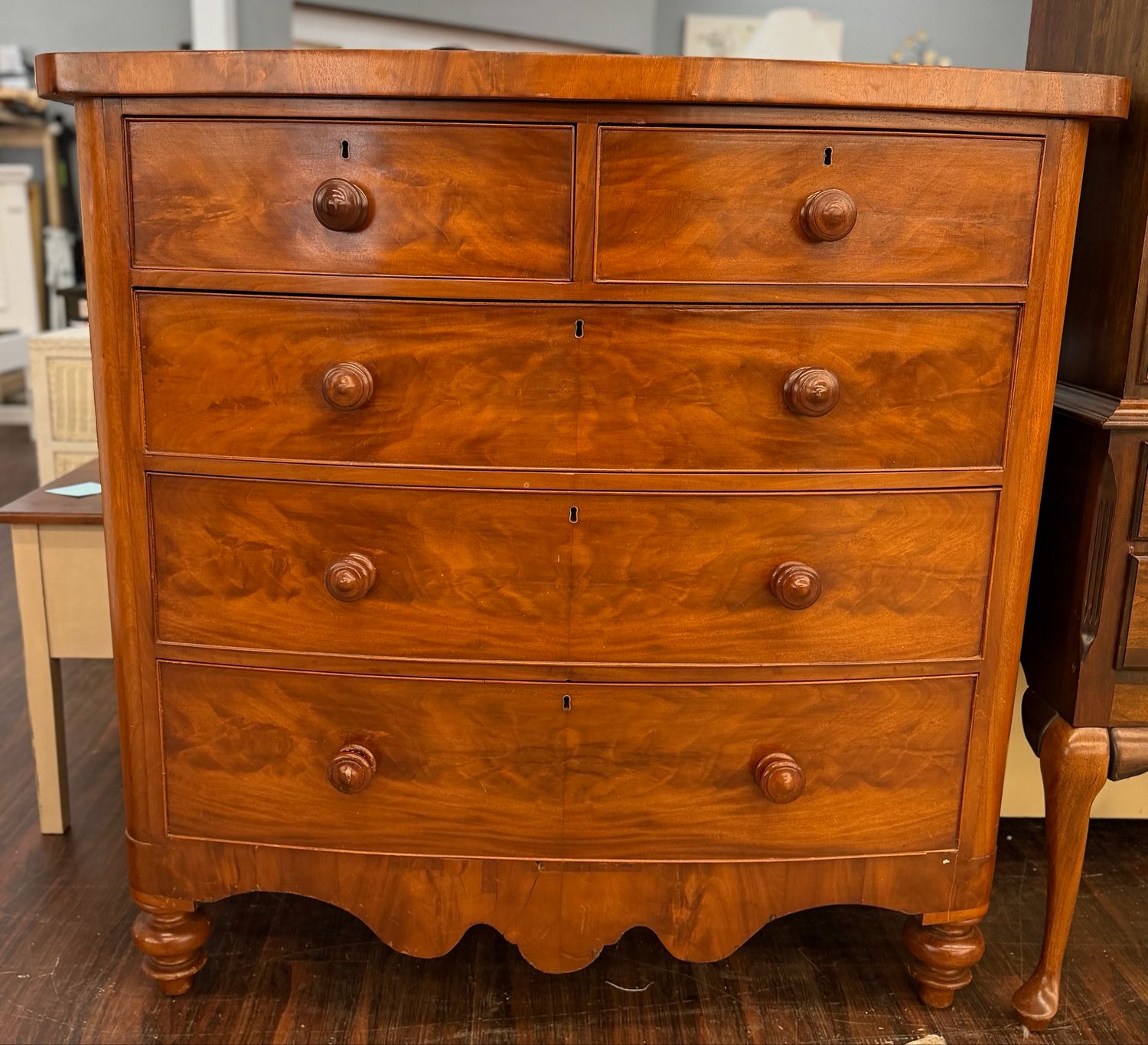 Antique Flame Mahogany Bow Front Dresser