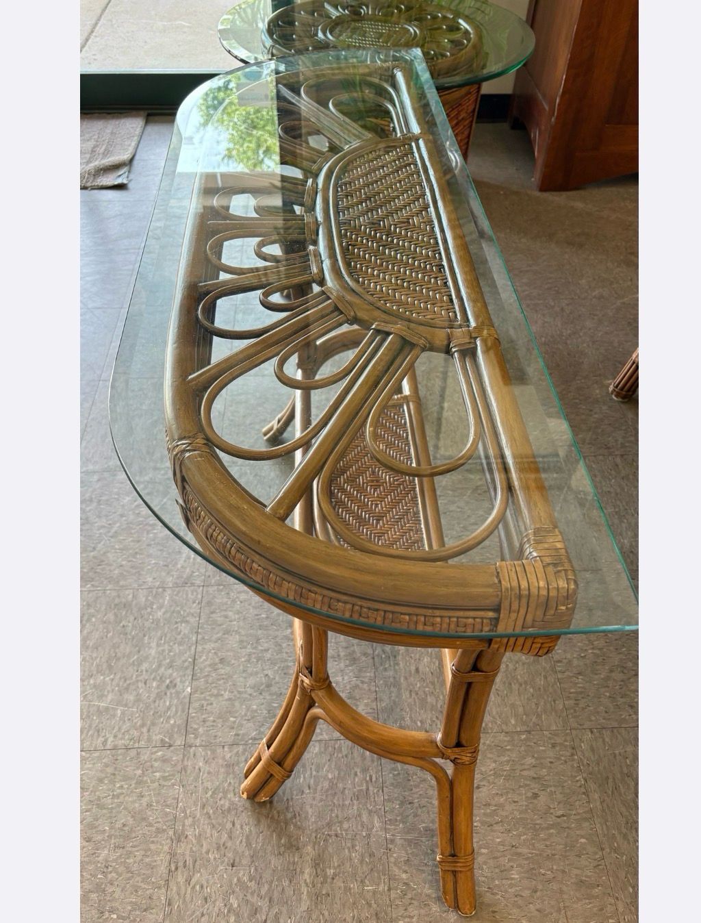 Curved Patterned Rattan Console Table