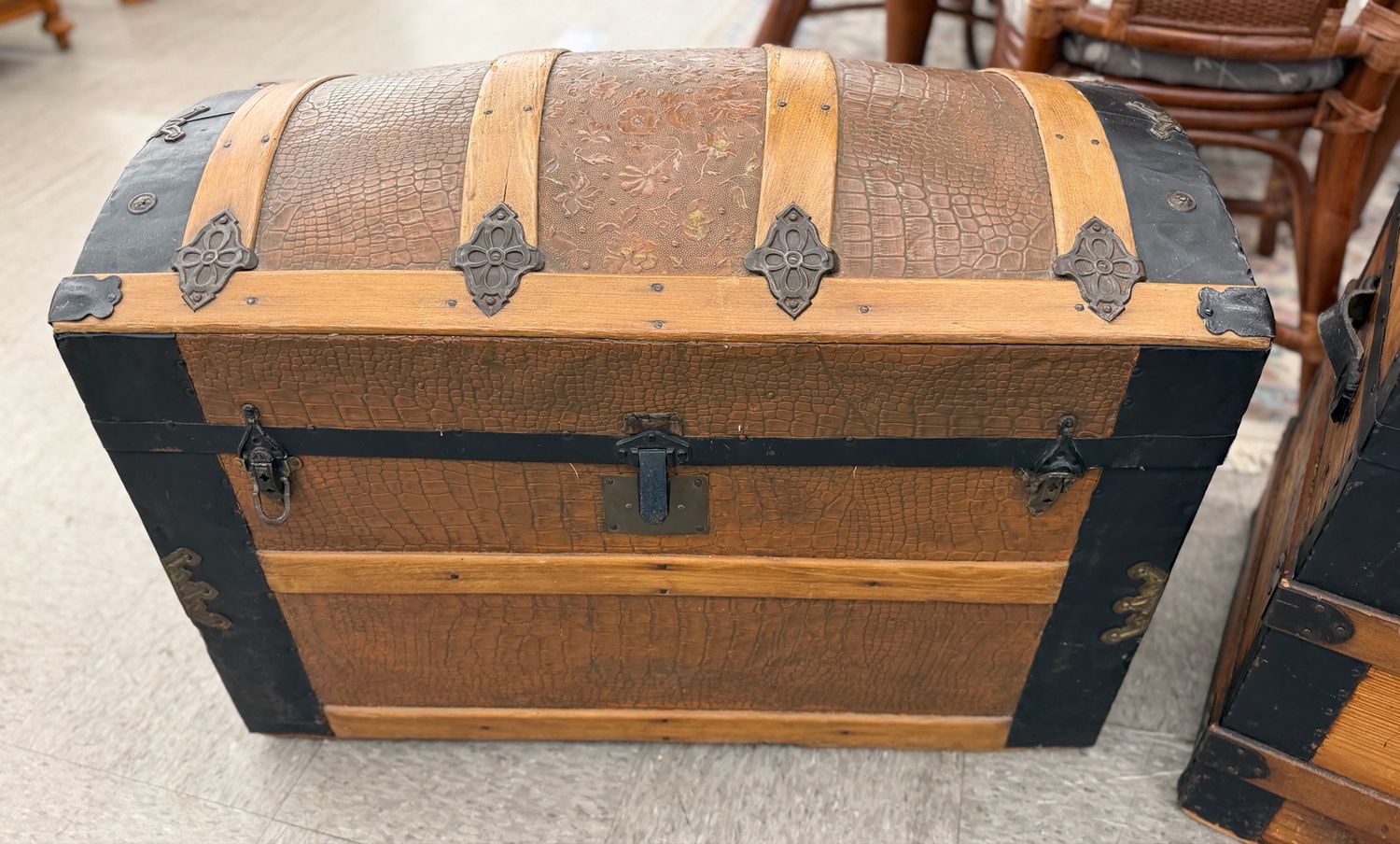 Antique Dome Top Chest with Embossed Leather Antique Dome Top Chest with Embossed Leather