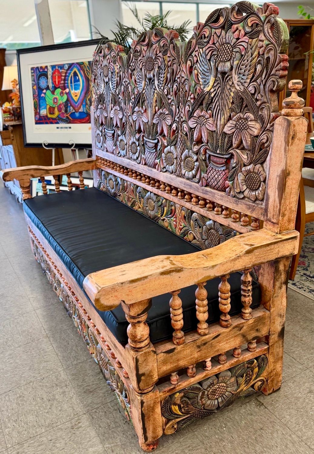 Hacienda Style Carved Wood Rustic Bench