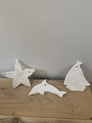 Paint Your Own Pottery - Ceramic
- Set of 3 Ocean Christmas Ornaments - Dolphin, Starfish, Sailboat 