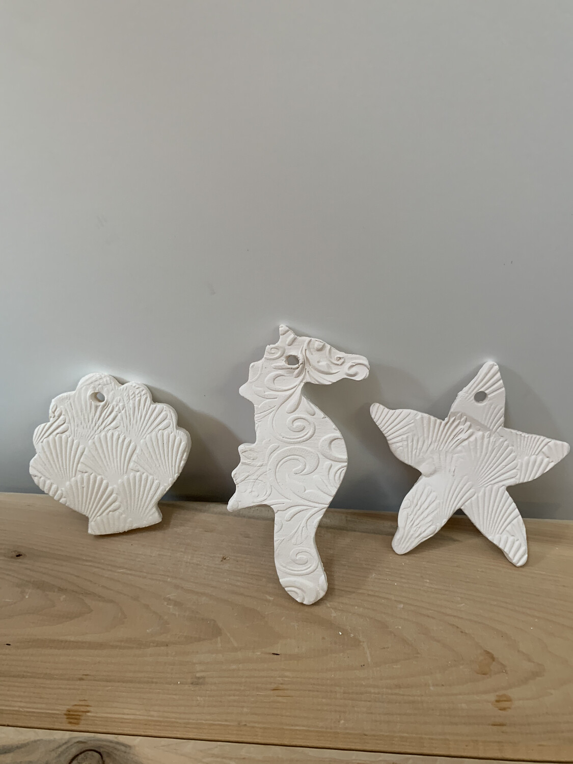 NO FIRE Paint Your Own Pottery Kit - 
Ceramic Set of 3 Stone Harbor NJ Christmas Ornaments - Starfish, Seahorse, Scallop Shell - Acrylic Paint Kit