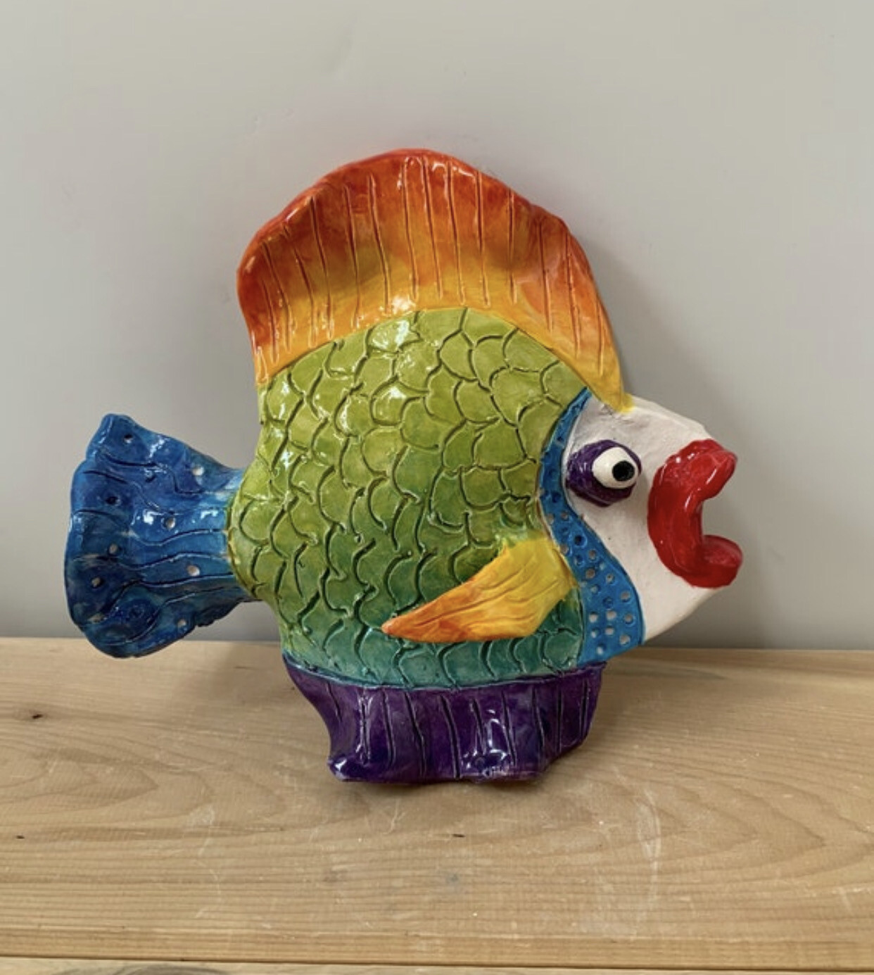 Handmade Pottery - Colorful Rainbow Clay Fish Plaque Wall Art - Handmade Ceramic Sculpture - Ocean Nautical Beach Coastal Decor, Handpainted