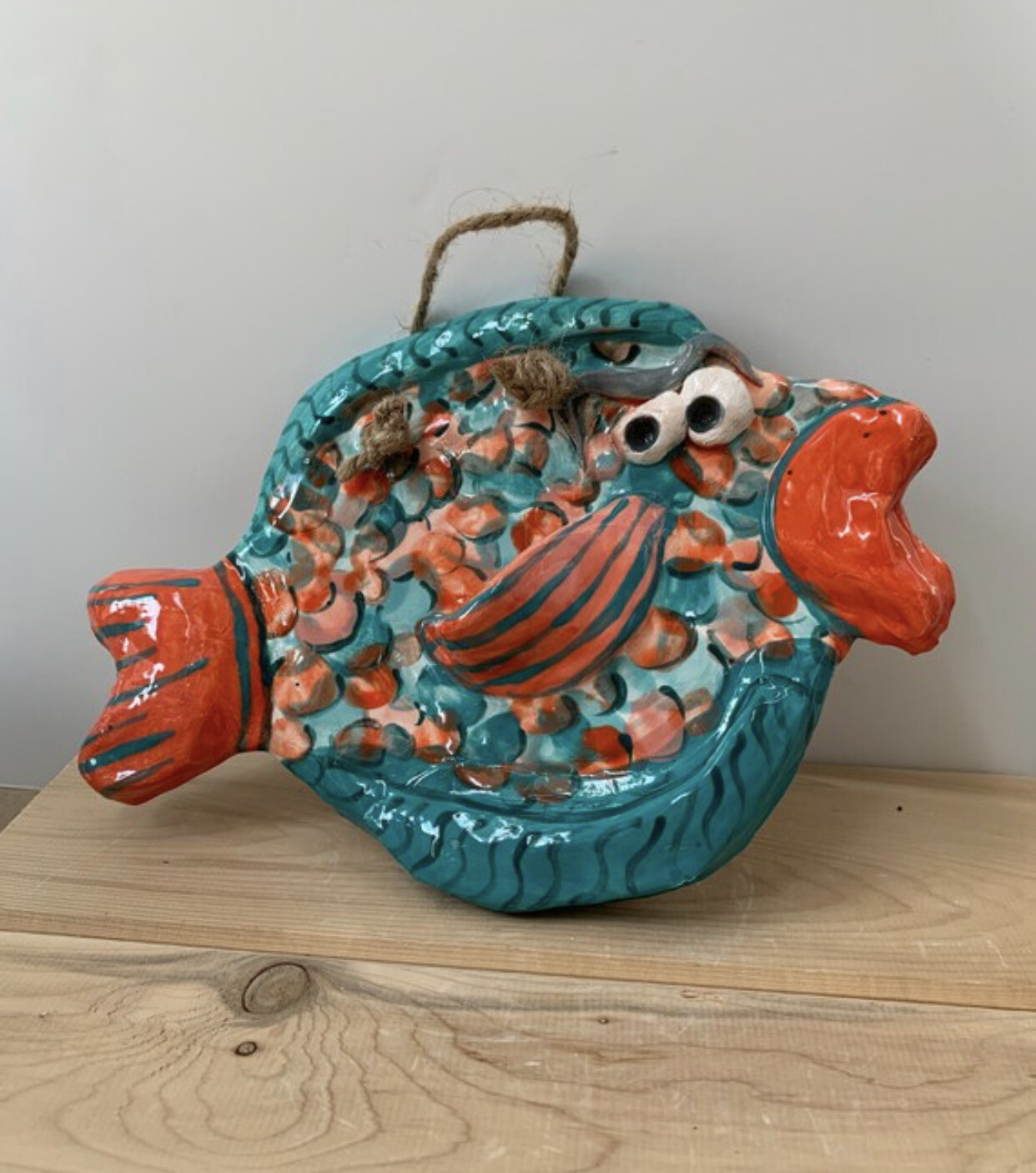 Handmade Pottery - Colorful Blue and Coral Clay Fish Plaque Wall Art - Handmade Ceramic Sculpture - Ocean Nautical Beach Coastal Decor, Handpainted
