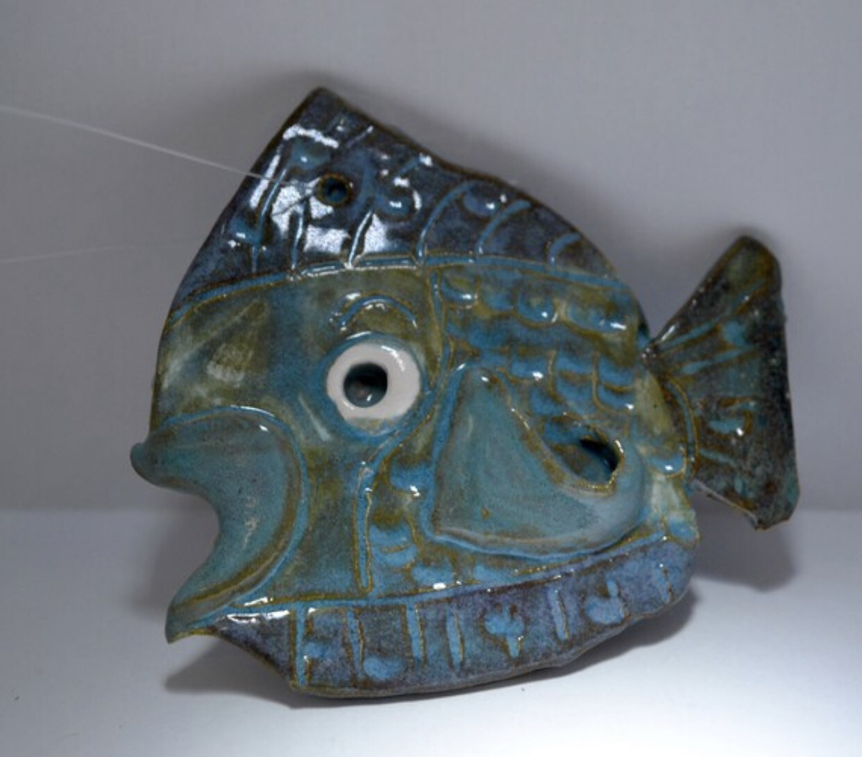 Handmade Pottery - Colorful Blue Clay Fish Plaque Wall Art - Handmade Ceramic Sculpture - Ocean Nautical Beach Coastal Decor, Handpainted