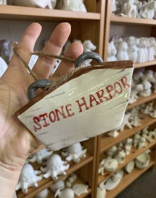 Handmade Stone Harbor NJ Pottery - Clay Lifeguard Boat Christmas Ornament - Handmade Ceramic Stone Harbor Souvenir