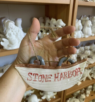 Handmade Stone Harbor NJ Pottery - Clay Lifeguard Boat Christmas Ornament - Handmade Ceramic Stone Harbor Souvenir