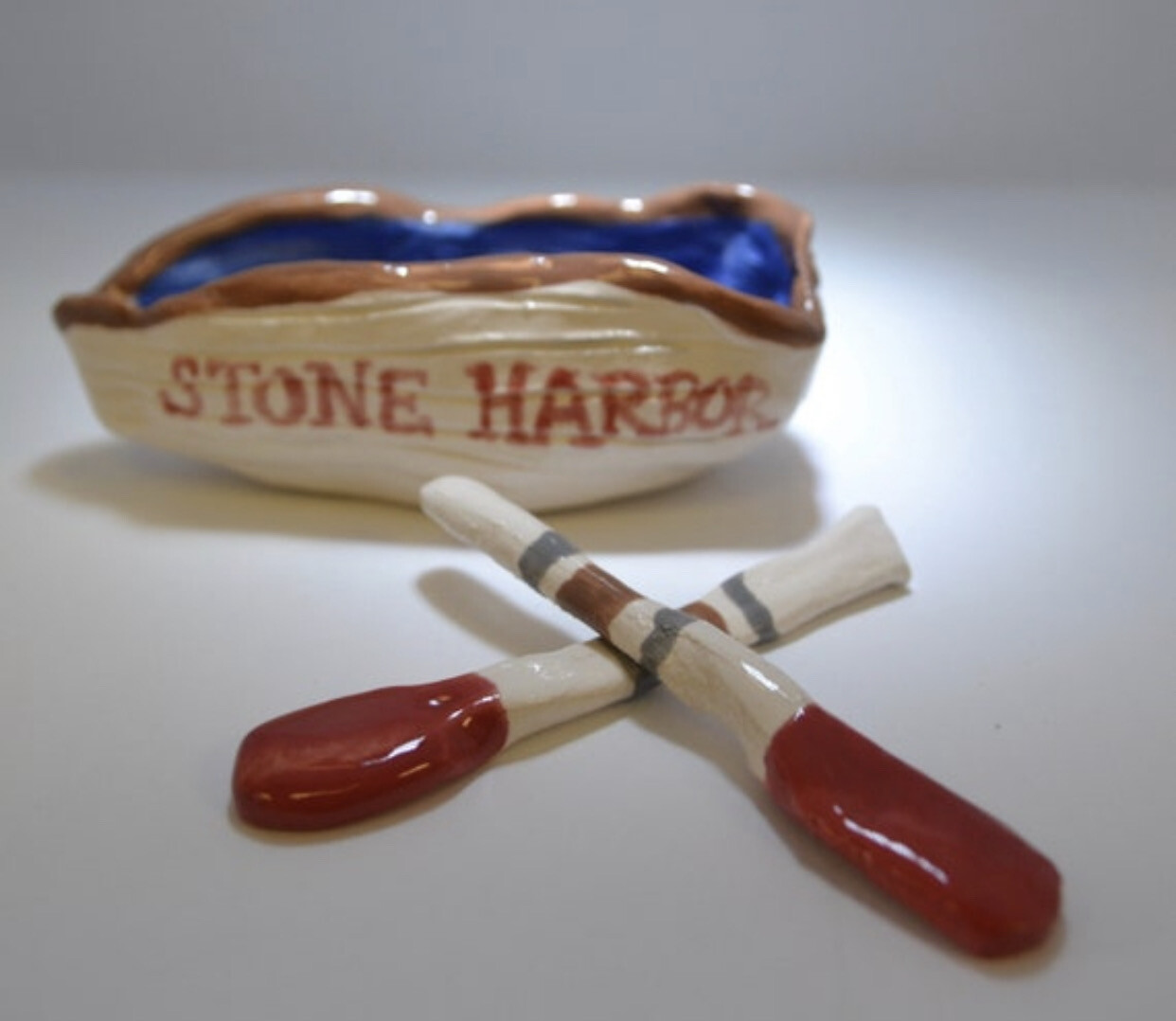 Handmade Stone Harbor NJ Pottery - Miniature Clay Lifeguard Boat Sculpture for Desk or Bookshelf - Handmade Ceramic Stone Harbor Souvenir
