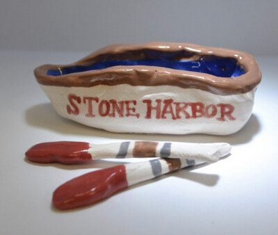 Handmade Stone Harbor NJ Pottery - Miniature Clay Lifeguard Boat Sculpture for Desk or Bookshelf - Handmade Ceramic Stone Harbor Souvenir