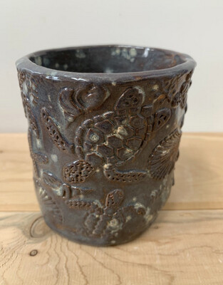 Handmade Pencil Holder - Ceramic Sealife Turtle Seashell and Starfish Handpainted Pottery Pencil Holder Cup