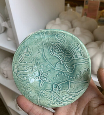 Handmade Trinket Dish Ring Holder - Ceramic Sealife Mermaid Fish and Starfish Handpainted Pottery 