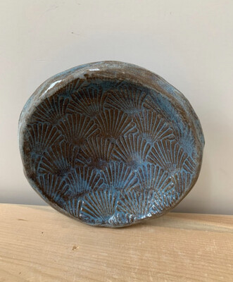 Handmade Trinket Dish Ring Holder - Ceramic Seashell Textured Handpainted Pottery 