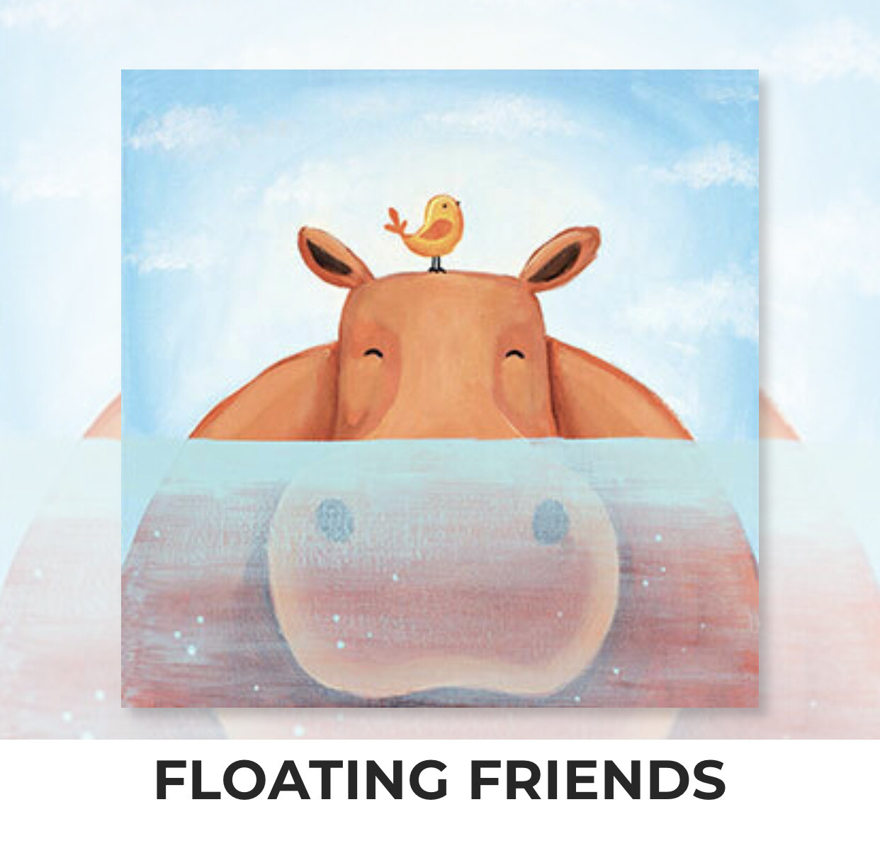 Floating Friends Hippo Bird - KIDS Acrylic Paint On Canvas DIY Art Kit - 3 Week Special Order