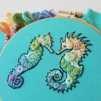 Seahorse Modern Embroidery Sampler Kit - DIY Beginner Intermediate Craft Kit