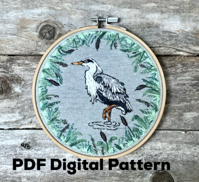 Heron and Grasses Modern Embroidery Digital Instant Download - PDF Pattern 🪡 🧵 - DIY Beginner Intermediate