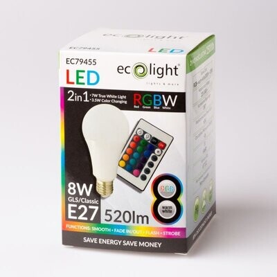 ​Λάμπα LED E27 8W RGB ΜΕ Control ecolight.