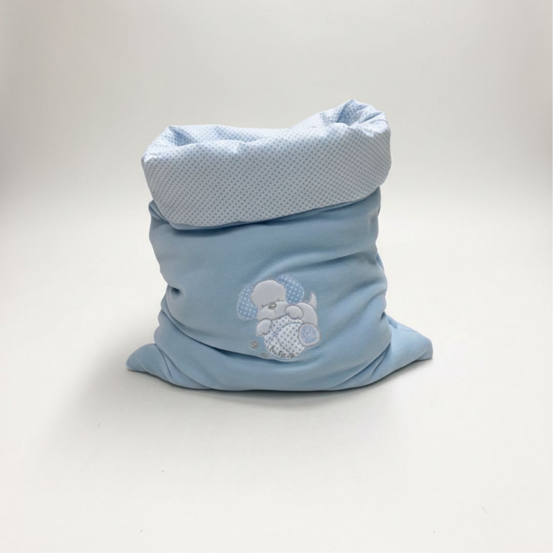 Baubaru Luxury Sleeping Bag – Blue with Puppy & Polka Dots (45x42 cm)