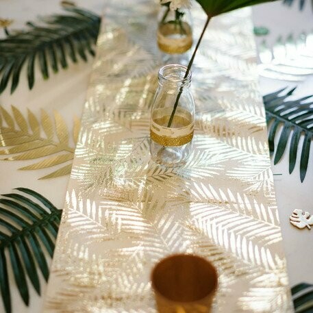 CHEMIN DE TABLE PALMIER LIN FLOQUE OR 28CMX5M