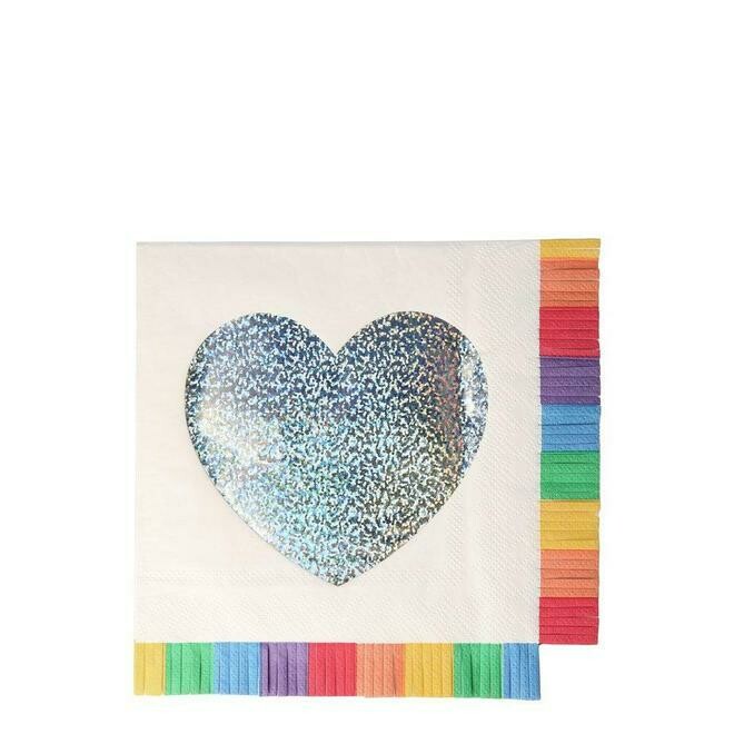 SERVIETTE FRANGE ARC EN CIEL COEUR IRIDESCENT GRAND MODELE (x16)