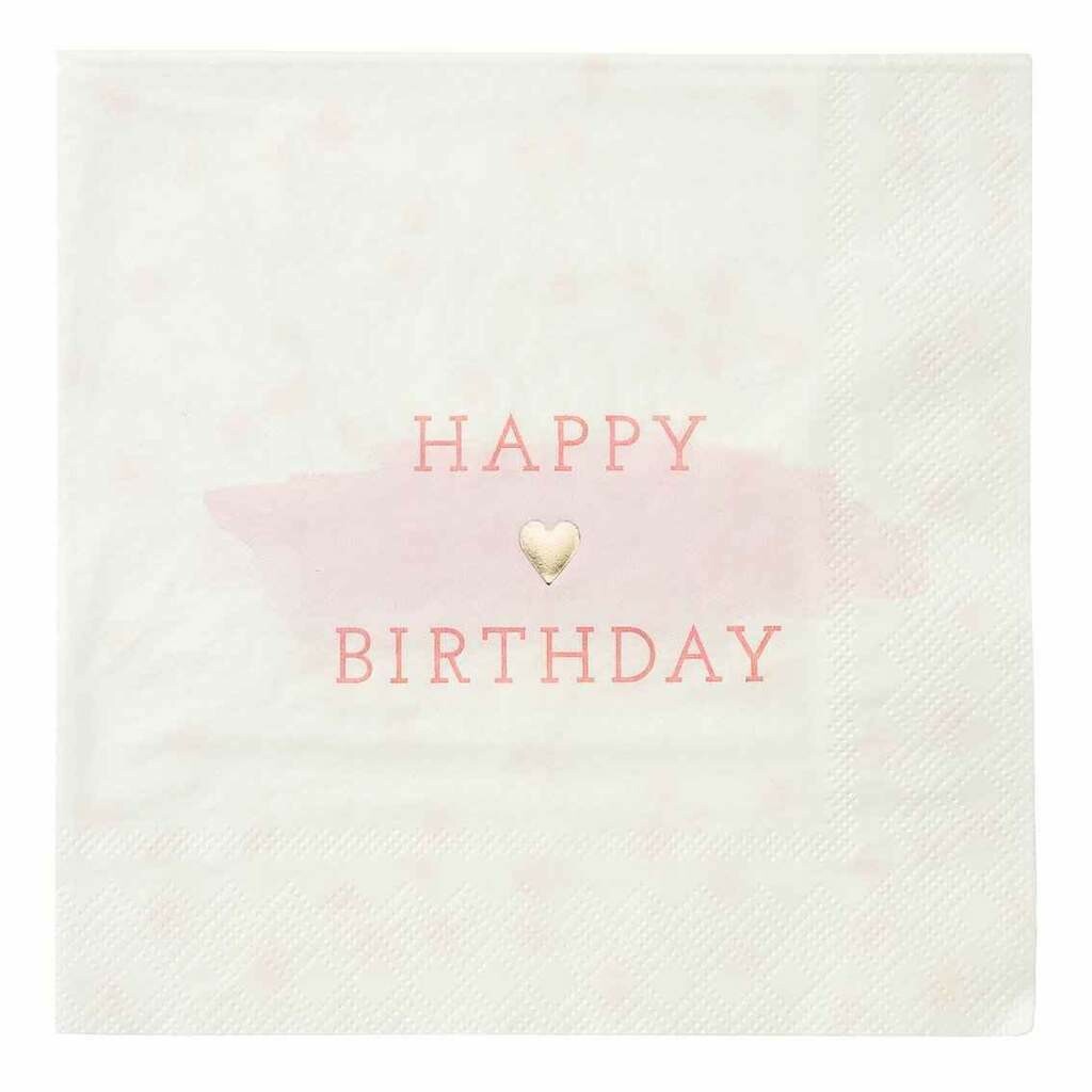 SERVIETTE HAPPY BIRTHDAY ROSE COEUR DORE (x16)