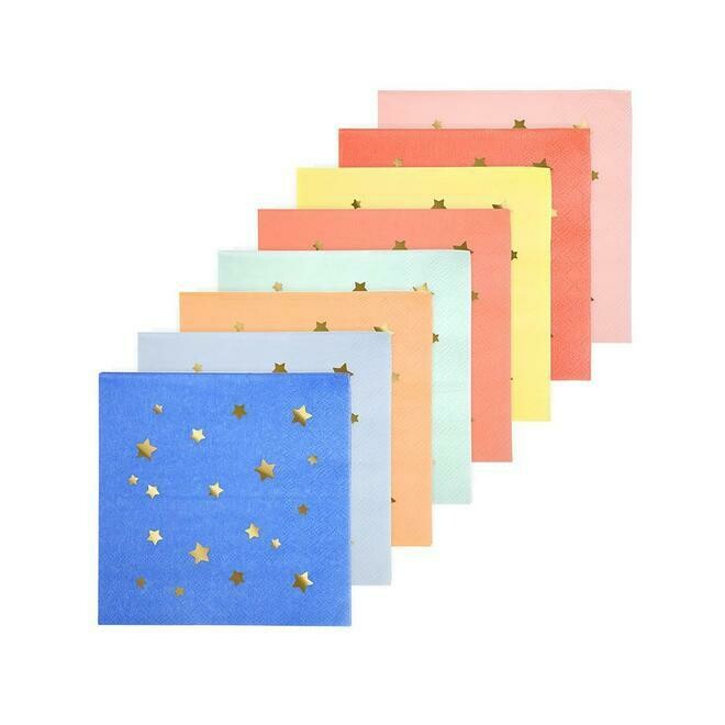 SERVIETTE COCKTAIL 8 COULEURS FLUO ETOILE OR (x16)