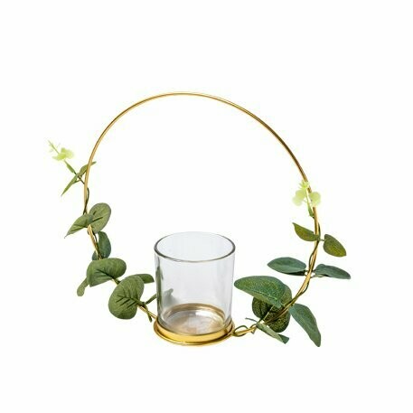 BOUGEOIR PHOTOPHORE EUCALYPTUS SUR CERCLE METAL OR DIAM 22CM