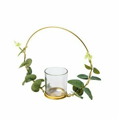 BOUGEOIR PHOTOPHORE EUCALYPTUS SUR CERCLE METAL OR DIAM 22CM