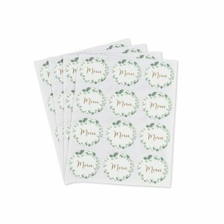 STICKERS MERCI EUCALYPTUS PAPIER TEXTURE DORURE OR DIAM 4CM (x24)