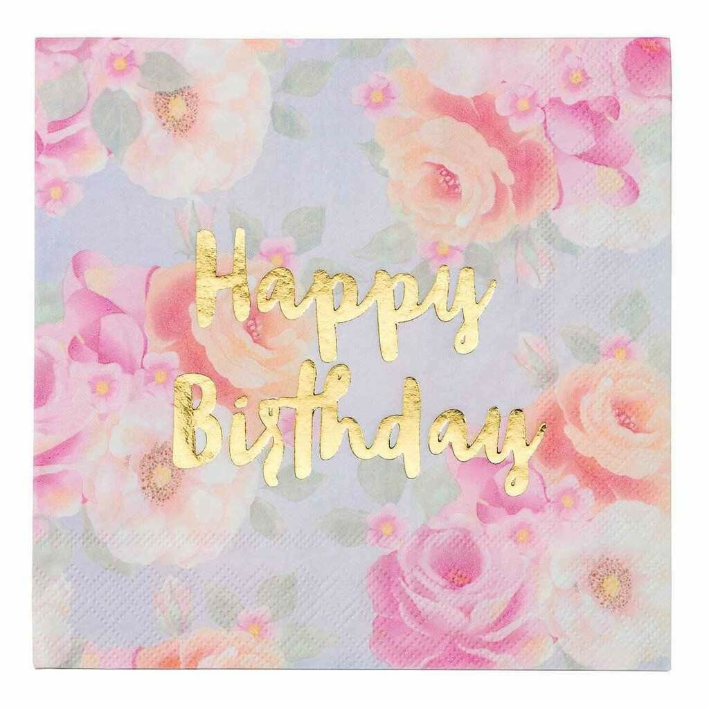 SERVIETTE ROSE HAPPY BIRTHDAY DORE (x16)