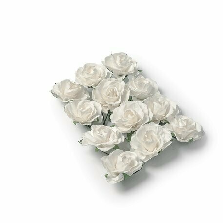 ROSE 3.5CM BLANCHES SUR TIGE PAPIER (x12)
