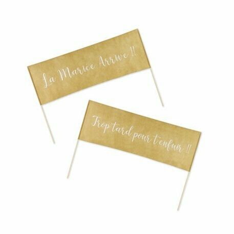 BANDEROLE "TROP TARD POUR T'ENFUIR - LA MARIEE ARRIVE" TISSU 57X40CM 'x2)