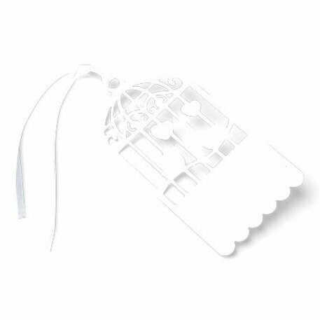 ETIQUETTES CAGE A OISEAUX PAPIER BLANC 10CMX5CM + RUBAN SATIN BLANC (x20)