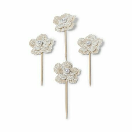 FLEUR LIN FICELLE ET DENTELLE 3CM SUR PIC 6.5CM (x4)