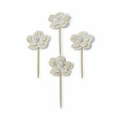 FLEUR LIN FICELLE ET DENTELLE 3CM SUR PIC 6.5CM (x4)