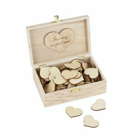 LIVRE D'OR BOITE BOIS POUR LA VIE + 96 COEURS BOIS 15X10CM
