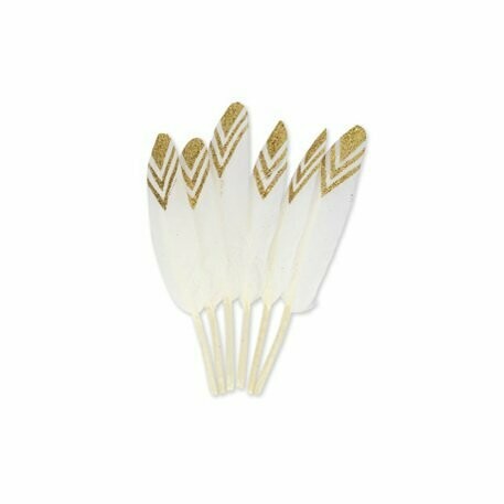 PLUME ETHNIQUE BLANCHE ET PAILLETTES OR 12-14CM (x6)