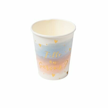 GOBELET GENDER REVEAL BLANC ROSE BLEU ET DORURE OR 255ML (x8)
