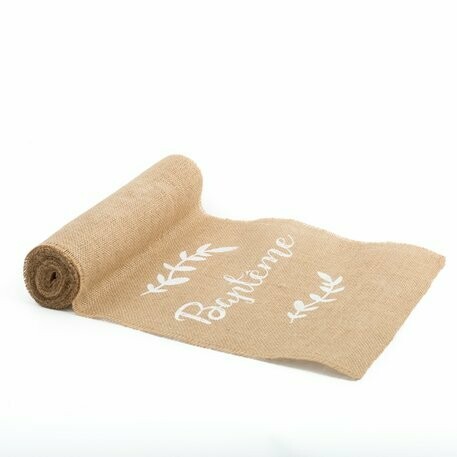 CHEMIN TABLE JUTE BAPTEME FLOQUE BLANC 28CMX5M