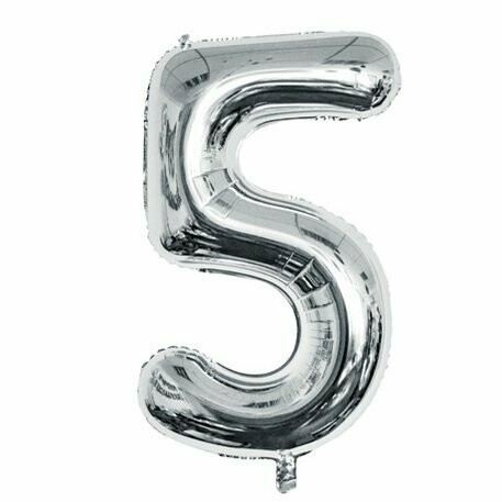 BALLON METAL ARGENT 86CM CHIFFRE 5 PAILLE INCLUSE
