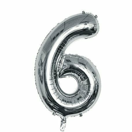 BALLON METAL ARGENT 86CM CHIFFRE 6 PAILLE INCLUSE