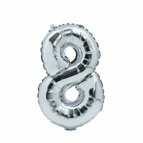BALLON METAL ARGENT 36CM CHIFFRE 8 PAILLE INCLUSE